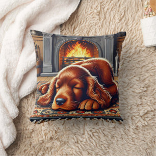 Irish Setter Puppy Sleeping by a Warm Fireplace Cushion