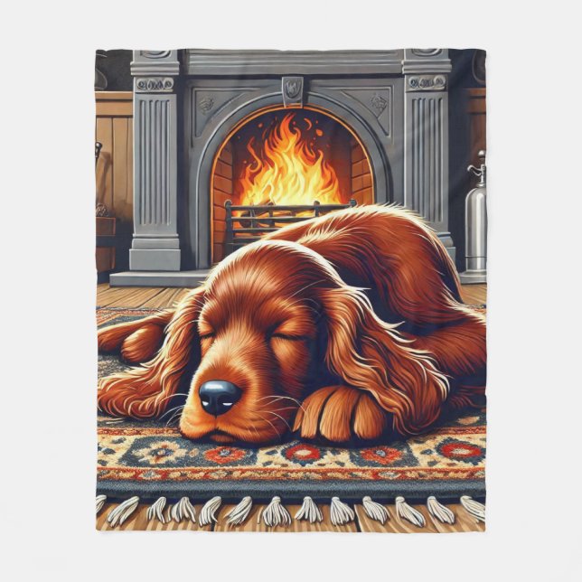 Irish Setter Puppy Sleeping by a Warm Fireplace Fleece Blanket (Front)
