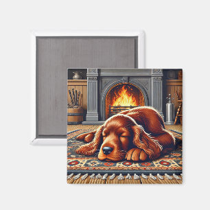 Irish Setter Puppy Sleeping by a Warm Fireplace Magnet