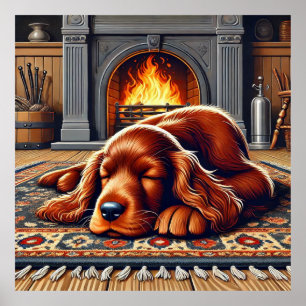 Irish Setter Puppy Sleeping by a Warm Fireplace Poster