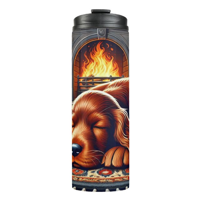 Irish Setter Puppy Sleeping by a Warm Fireplace Thermal Tumbler (Front)