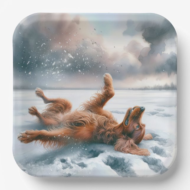Irish Setter Rolling In Snow Paper Plate (Front)