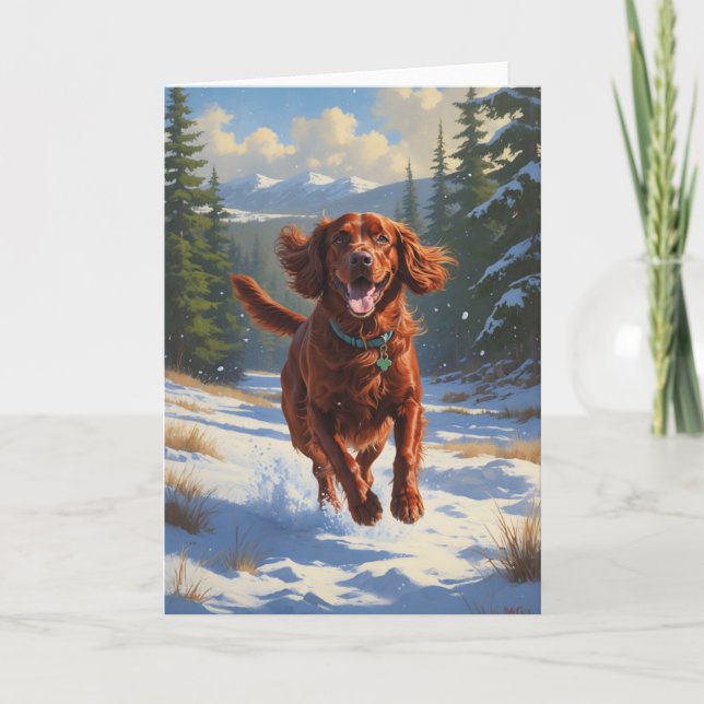 Irish Setter Running Through Snow Holiday Art Card (Front)