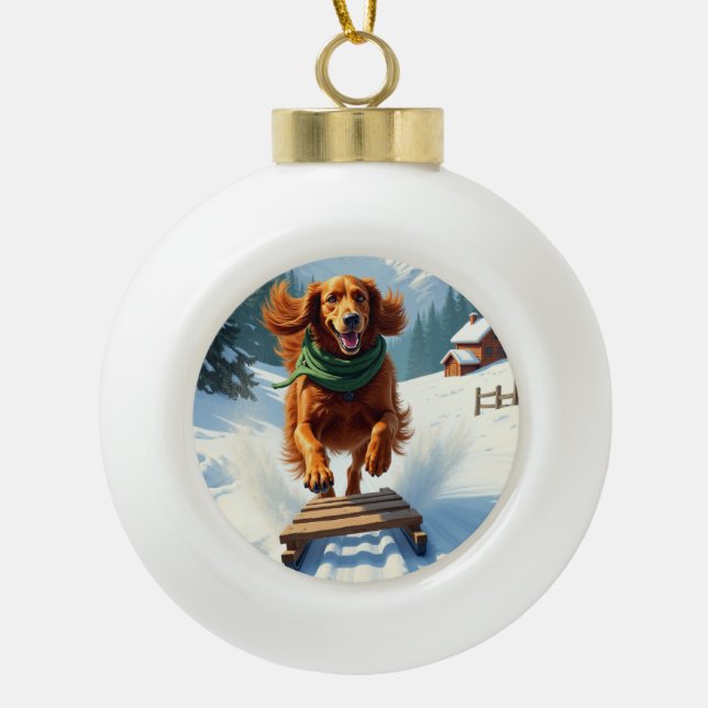 Irish Setter Sledding Adventure Christmas Painting Ceramic Ball Christmas Ornament (Front)