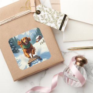 Irish Setter Sledding Adventure Christmas Painting Square Sticker