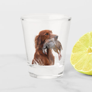 Irish Setter with Chukar Partridge ,Art Shot Glass