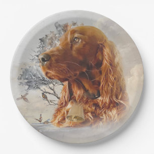 Irish setter with pheasant paper plate