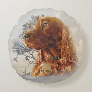 Irish setter with pheasant  round cushion