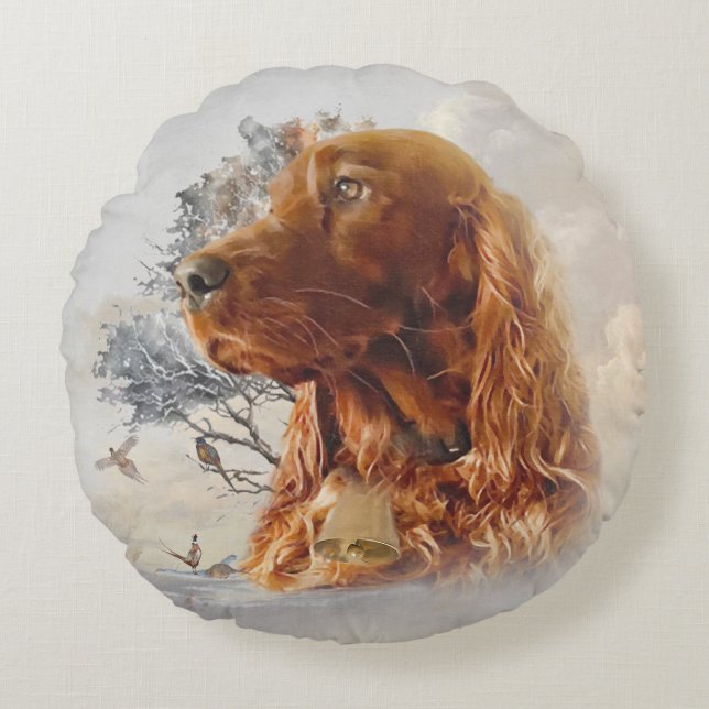 Irish setter with pheasant  round cushion (Front)