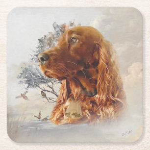 Irish setter with pheasant square paper coaster