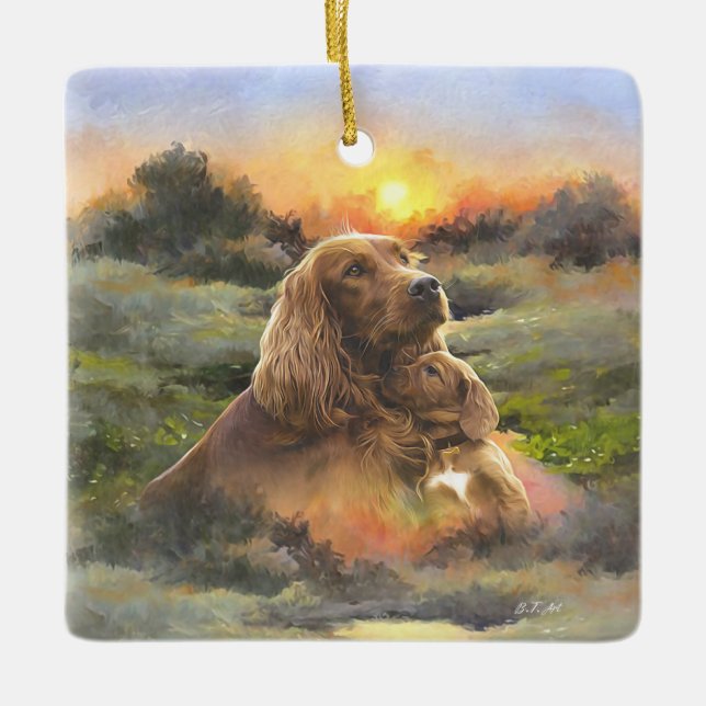 Irish setter with puppy ceramic ornament (Front)