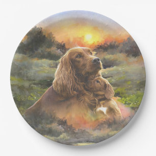 Irish setter with puppy paper plate
