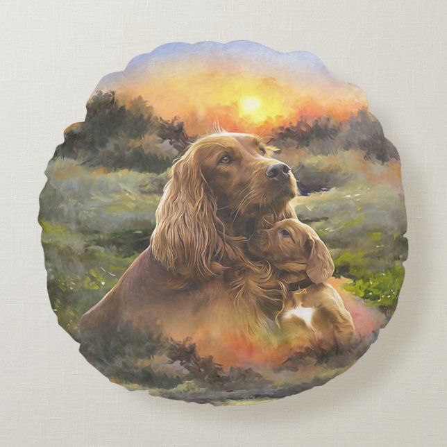 Irish setter with puppy round cushion (Front)