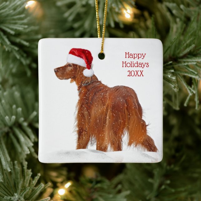 Irish Setter With Santa Claus Hat Ceramic Ornament (Tree)