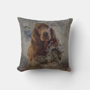 Irish setter with woodcock cushion
