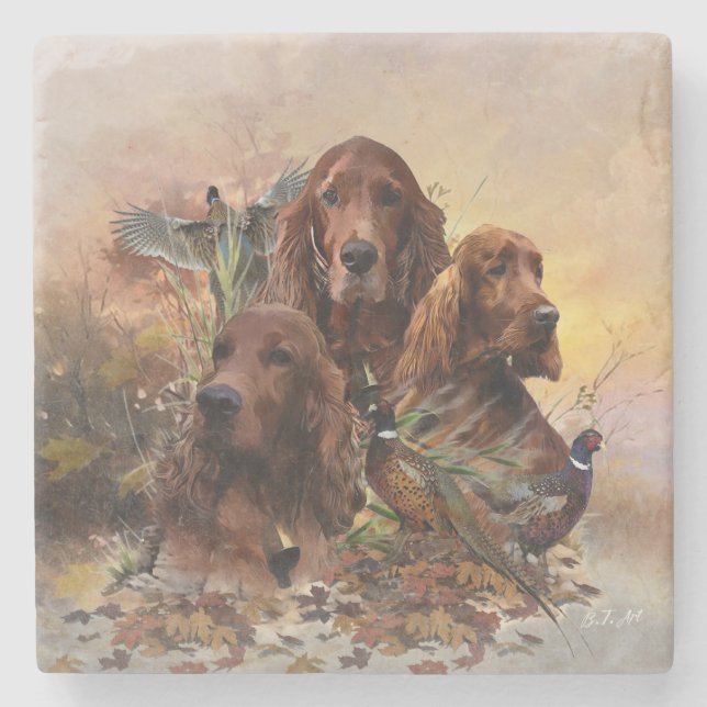  Irish Setters with Pheasants - Passion Hunt Stone Coaster (Front)