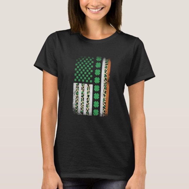 Irish Shamrock American Flag Leoopard Print St Pat T-Shirt (Front)