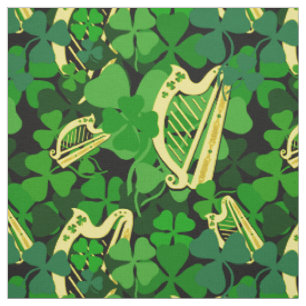 Irish shamrock, black, Irish harp fabric print 7L