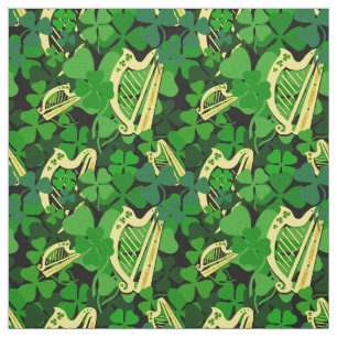 Irish shamrock, black, Irish harp fabric print 7m