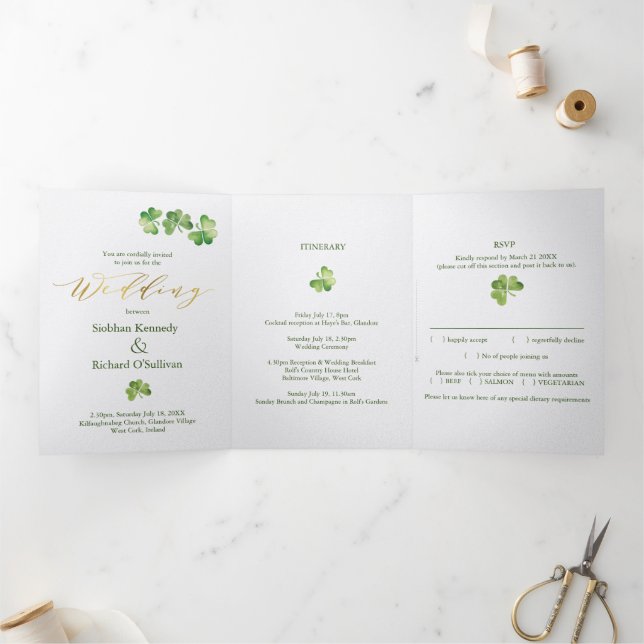 Irish Shamrock & Celtic Knot, RSVP, Eco Wedding Tri-Fold Invitation (Inside)