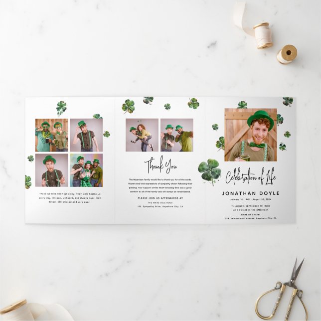 Irish Shamrock Clover Funeral Memorial Program Tri-Fold Invitation (Outside)