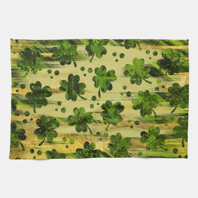 Irish Shamrock -Clover Painted Gold and Green Tea Towel (Horizontal)