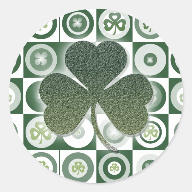 Irish shamrock clover pattern green white classic round sticker (Front)