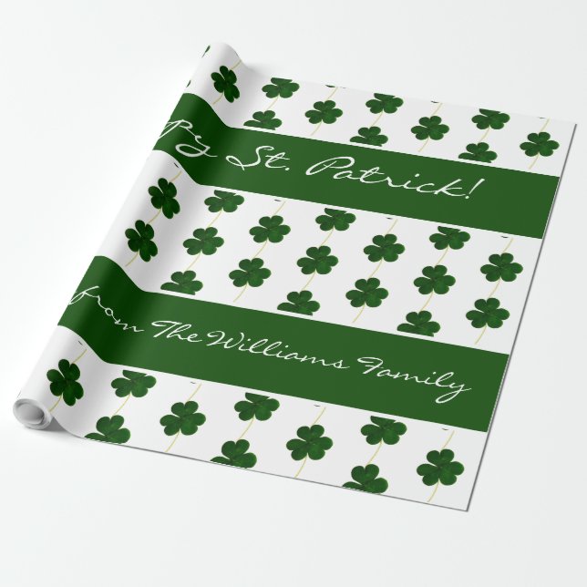 Irish Shamrock Clovers Pattern Custom Text Wrapping Paper (Unrolled)