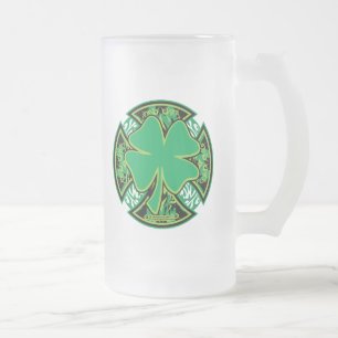 Irish Shamrock Cross Frosted Glass Beer Mug