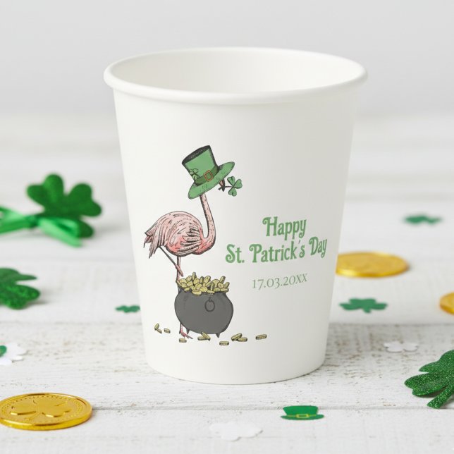Irish Shamrock Flamingo St. Patrick’s Day Party Paper Cups (Festive Irish Happy St Patrick's Day Party Paper Cups. Funny Pink Flamingo and Green Leprechaun Hat)