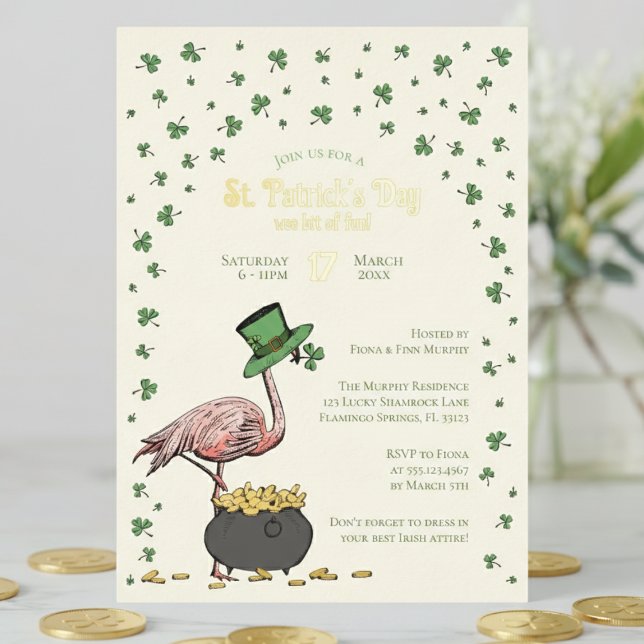 Irish Shamrock Flamingo St Patrick's Day Party (Elegant ivory Funny Irish Flamingo St Patrick's Day Party Invitations. Lucky Green Shamrock & Coins)