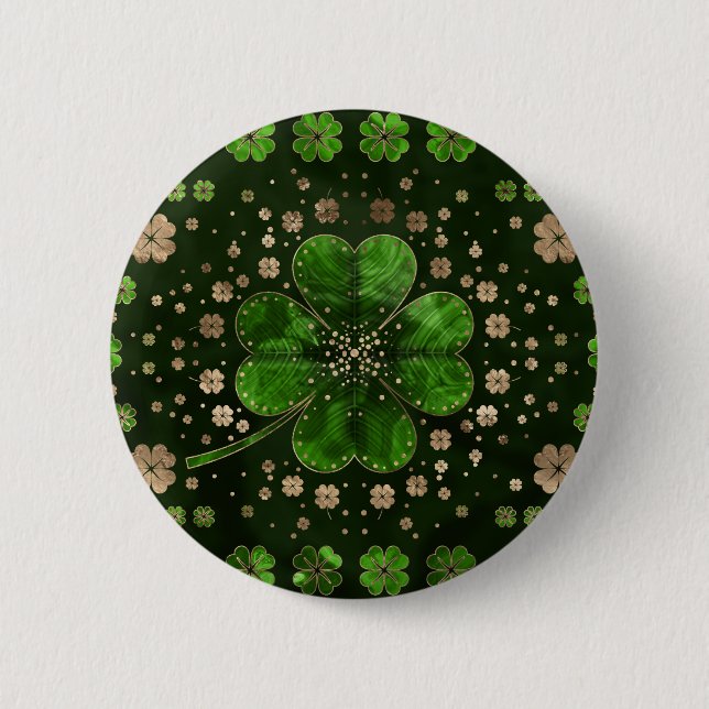 Irish Shamrock Four-leaf clover Malachite and gold 6 Cm Round Badge (Front)