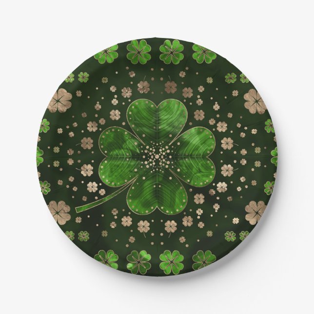 Irish Shamrock Four-leaf clover Malachite and gold Paper Plate (Front)