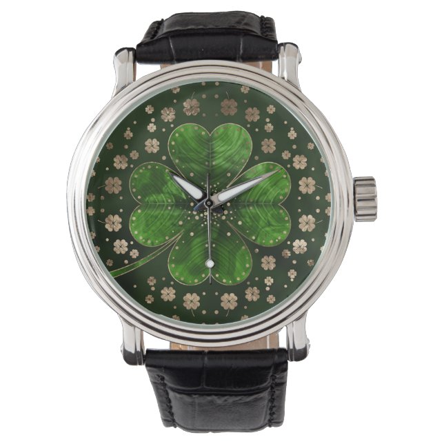 Irish Shamrock Four-leaf clover Malachite and gold Watch (Front)