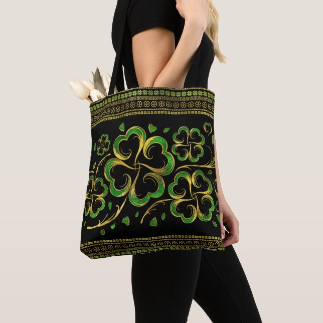Irish Shamrock Four-leaf Lucky Clover Tote Bag (Close Up)
