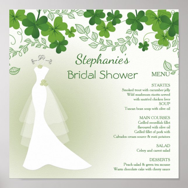 irish shamrock, gown, Bridal shower Menu Poster (Front)