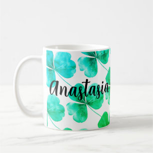 Irish Shamrock Green Blue Watercolor Custom Name Coffee Mug