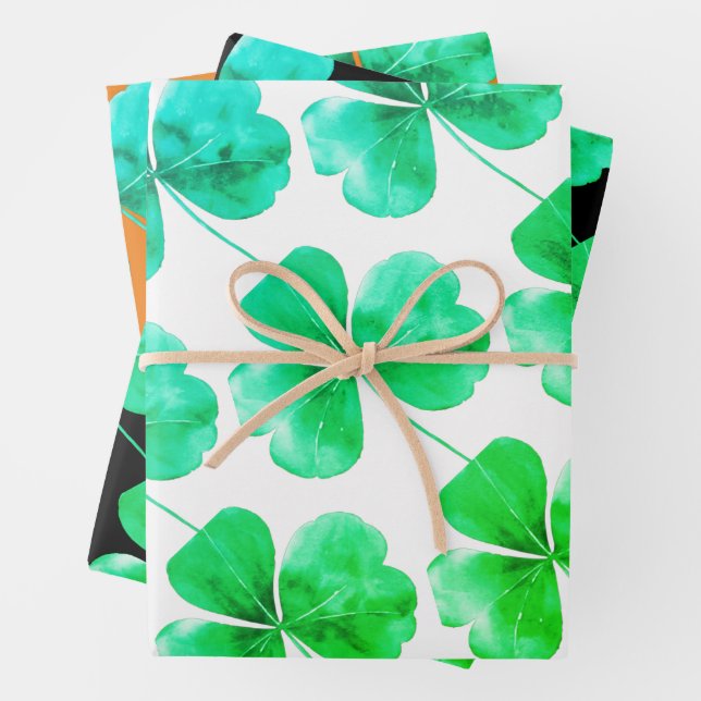 Irish Shamrock Green Blue Watercolor  Wrapping Paper Sheet (In situ)