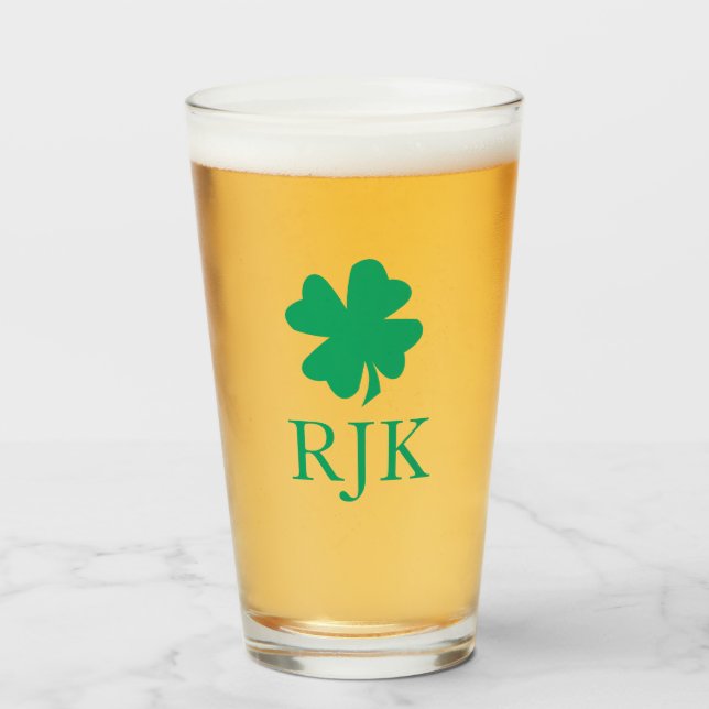 Irish Shamrock Green Clover Monogram Initial Name Glass (Front Filled)