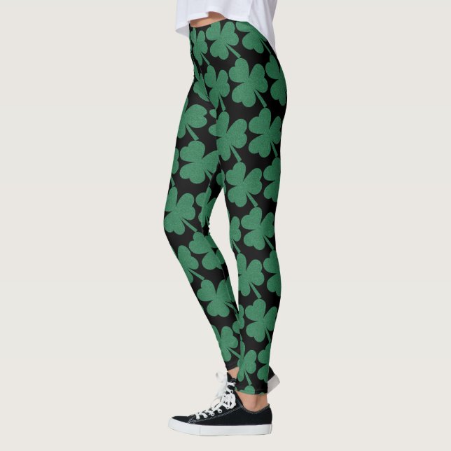 Irish Shamrock Green Glitter St. Patrick's Day Leggings (Left)