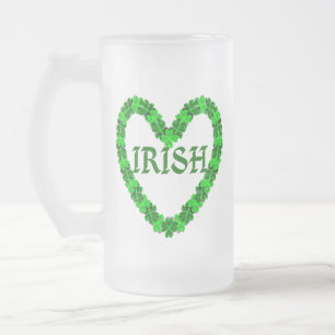 Irish Shamrock Heart Frosted Glass Beer Mug