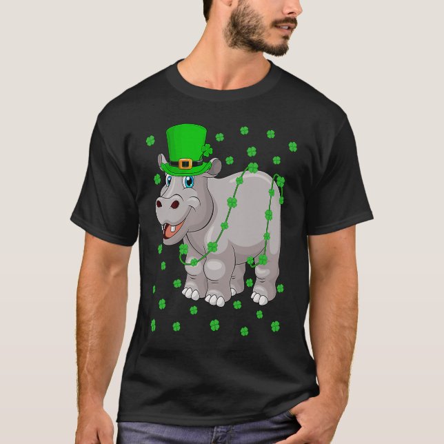 Irish Shamrock Leprechaun Hippopotamus St Patrick' T-Shirt (Front)