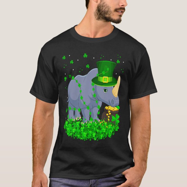 Irish Shamrock Leprechaun Rhino St Patrick's Day T-Shirt (Front)