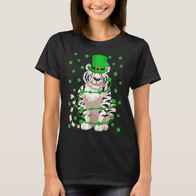 Irish Shamrock Leprechaun White Tiger St Patrick's T-Shirt (Front)