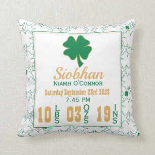 Irish Shamrock New Baby Birth Stats Cushion