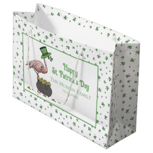 Irish Shamrock Pink Flamingo St Patricks Day Large Gift Bag