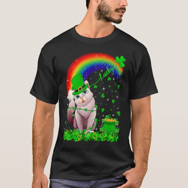 Irish Shamrock Rainbow Lucky Balinese Cat St Patri T-Shirt (Front)