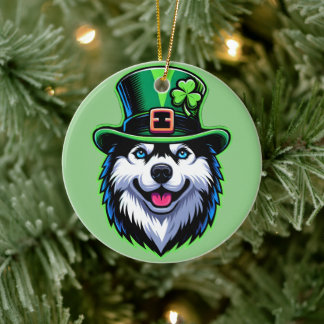 Irish Shamrock Siberian Husky Dog St Patricks Day Ceramic Tree Decoration