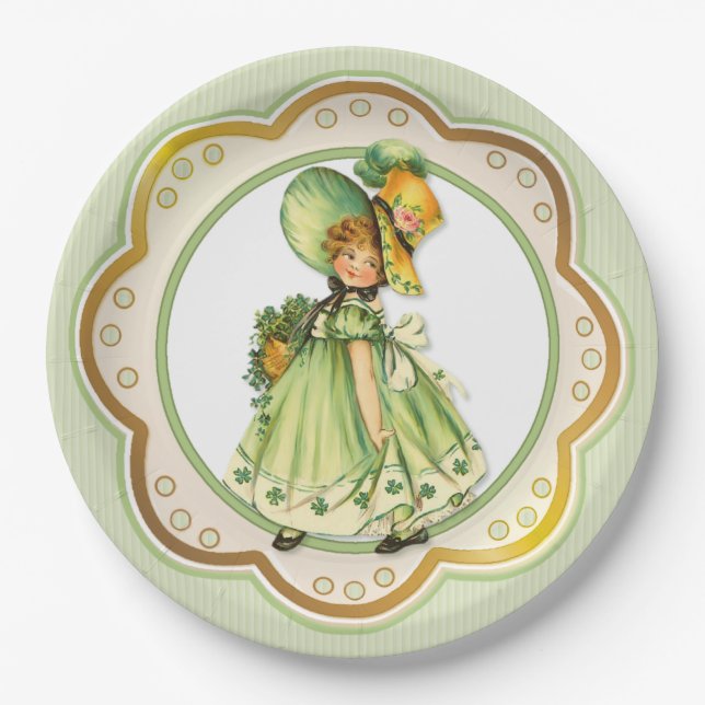Irish Shamrock Stroll Girl Paper Plate (Front)
