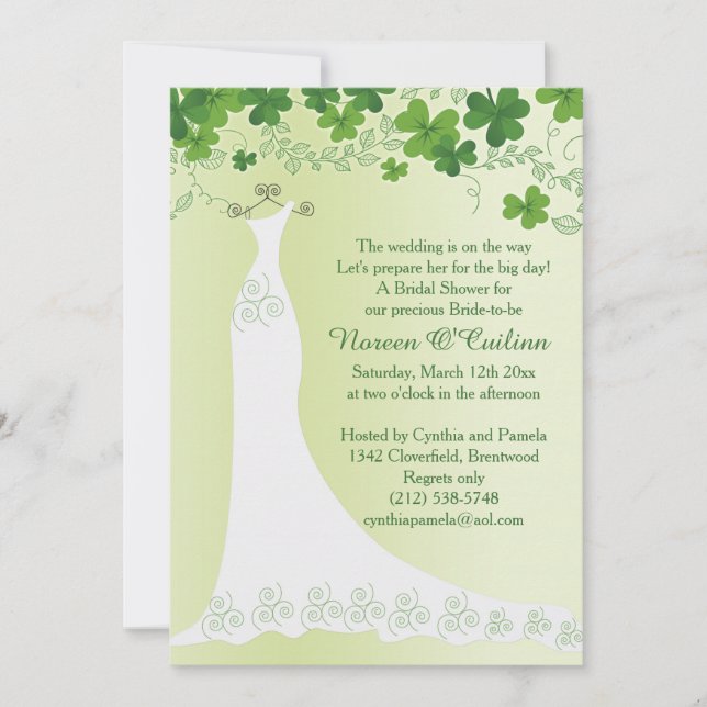 Irish shamrock, wedding gown Bridal Shower Invitation (Front)